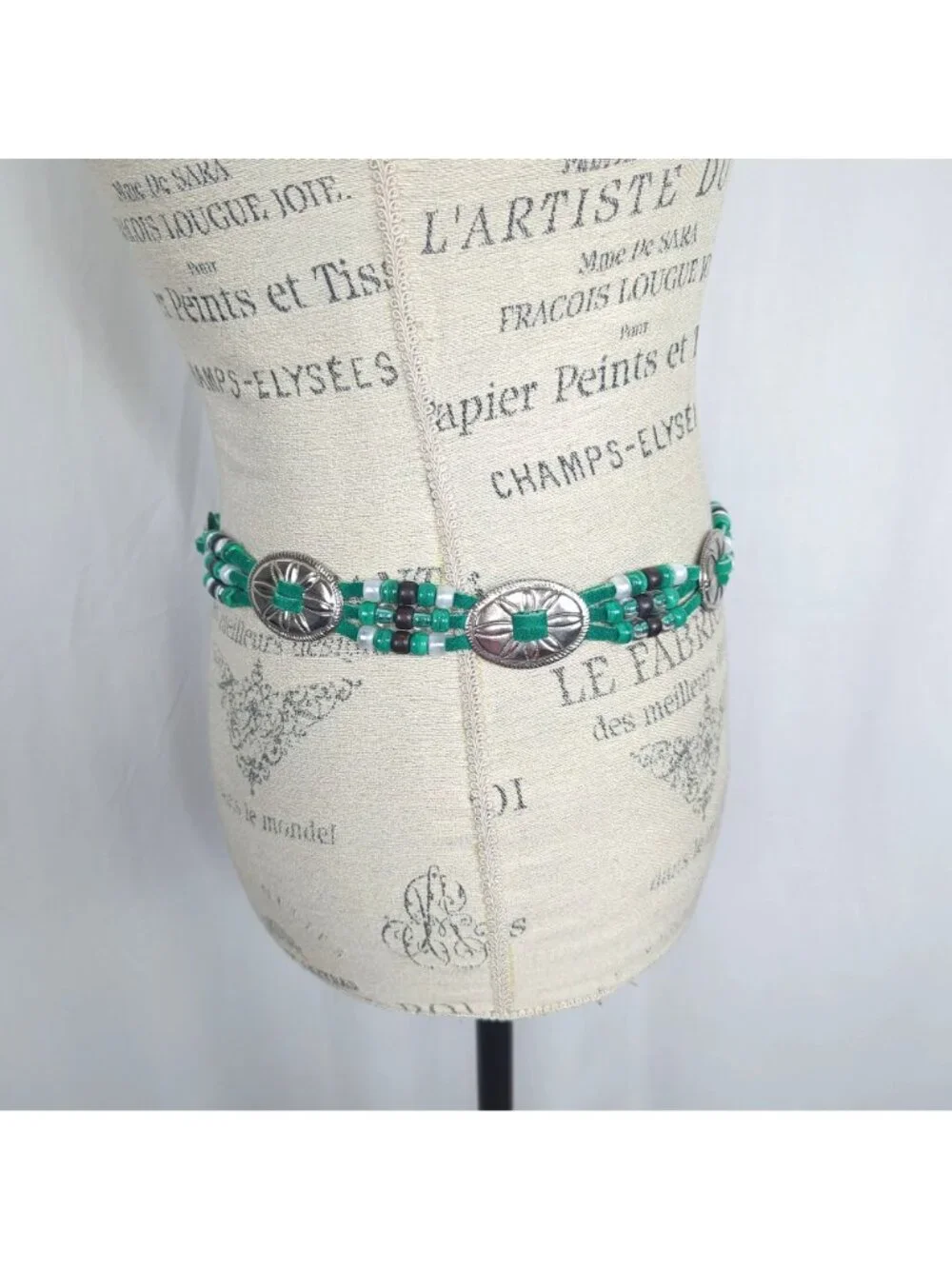 Vintage 80s Green Conch Belt Small Medium Beaded Leather Native